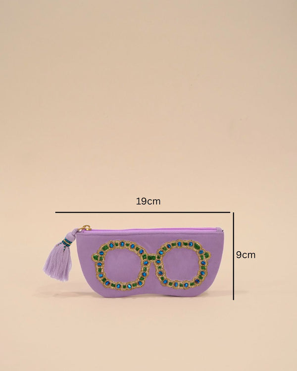 Stylish lavender sunglass cover with golden and green beaded glasses embroidery and tassel zip closure, handmade eyewear pouch