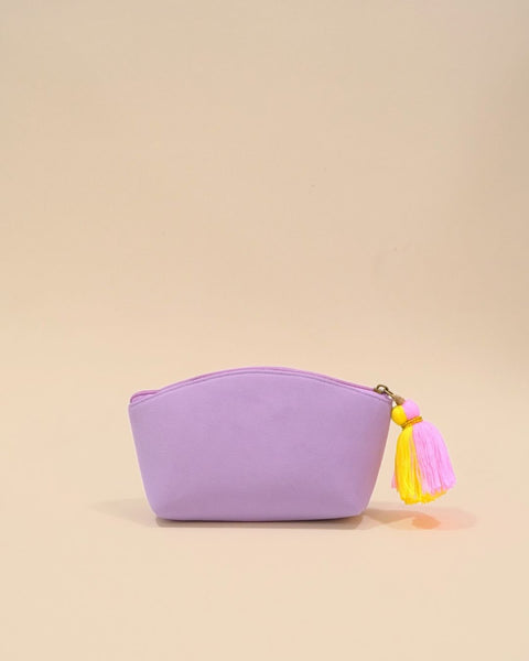 Lavender cosmetic pouch with tropical papaya embroidery in green, yellow, and pink, handmade makeup and travel bag.
