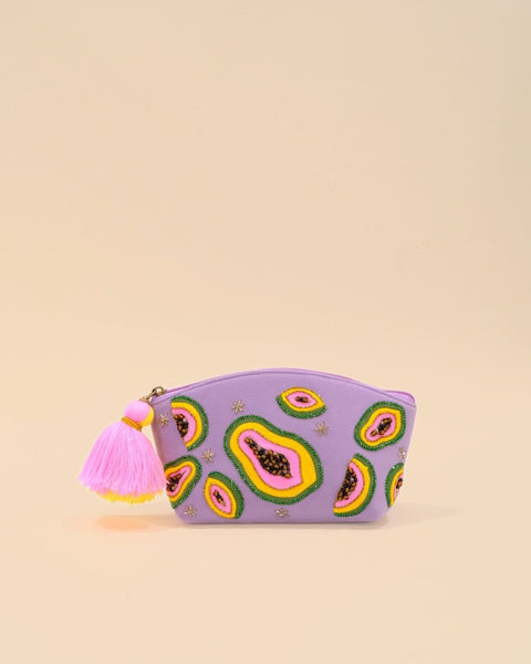 Lavender makeup pouch with embroidered papaya designs and pink tassel zipper, handmade cosmetic bag for travel and daily use.