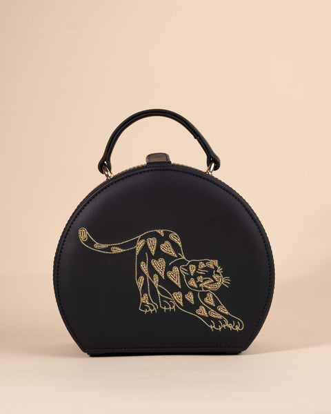 Black box sling bag with leopard beadwork embroidery and gold chain handl