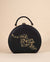 Black box sling bag with leopard beadwork embroidery and gold chain handl