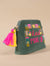Dark green sling bag with “Let’s MAKE UP” embroidery and colorful makeup-themed illustrations