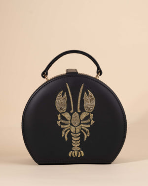 Black sling bag with lobster design, beadwork, and zari hand embroidery