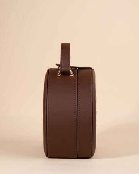 Plum brown luxury sling bag with animal embroidery, golden zari, and beaded nakshi design