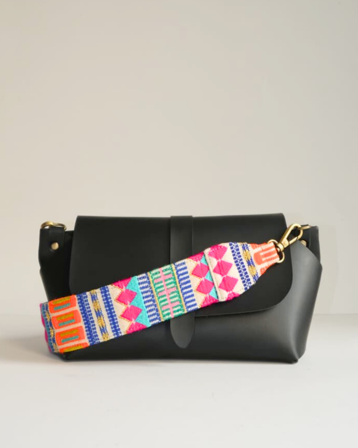 MULTI STRAP SLING BAG- BLACK (WITH EMBROIDERED HANDLE)