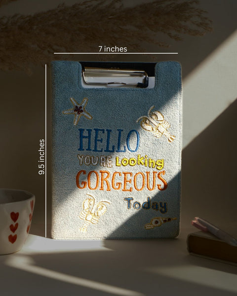 reusable clipboard notebook cover with beaded starfish and lobster marine motifs