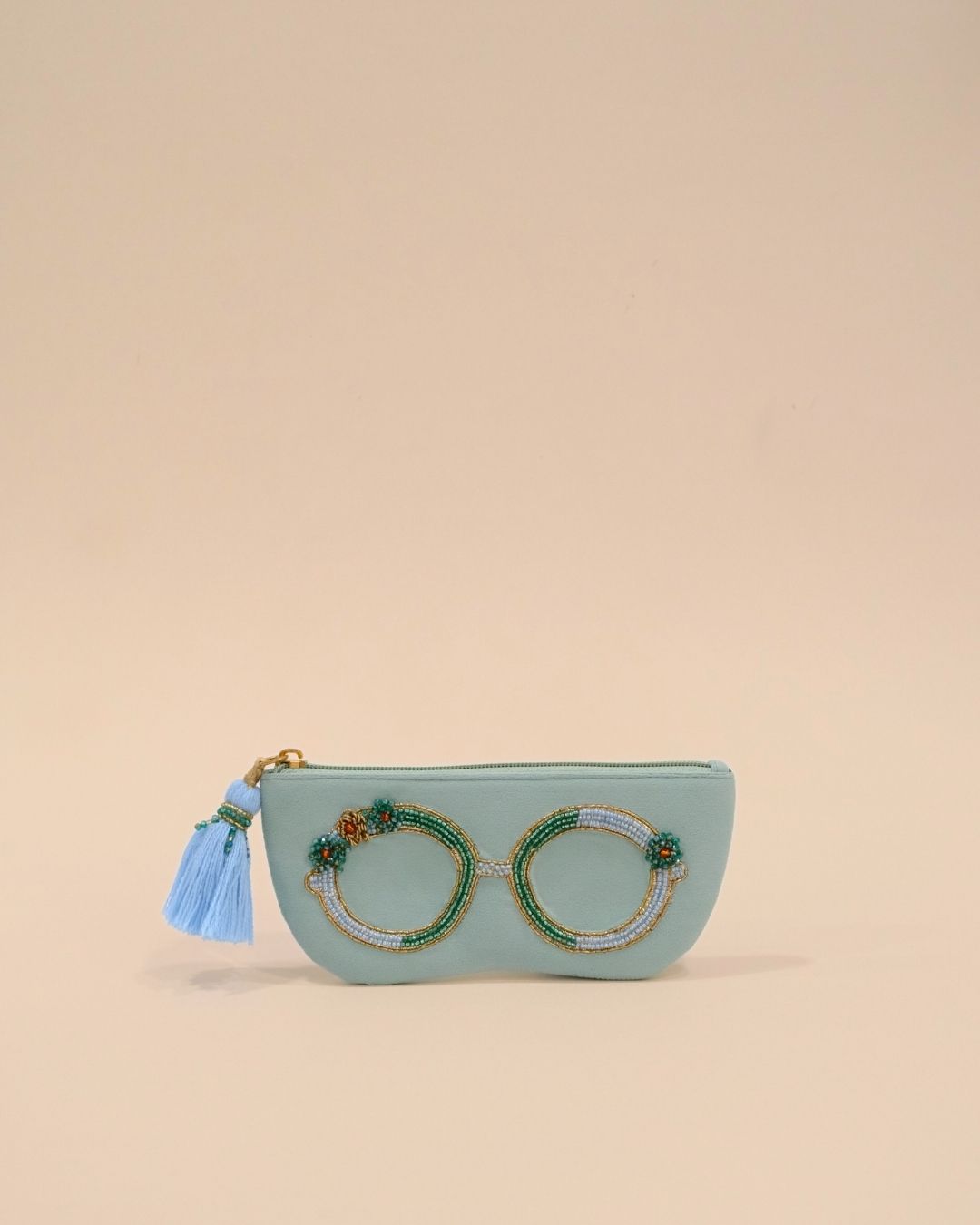 Mint green sunglass cover with round beaded spectacle embroidery and tassel zipper, handmade pouch for eyewear and accessories.