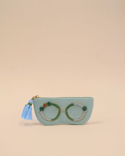 Mint green sunglass cover with round beaded spectacle embroidery and tassel zipper, handmade pouch for eyewear and accessories.