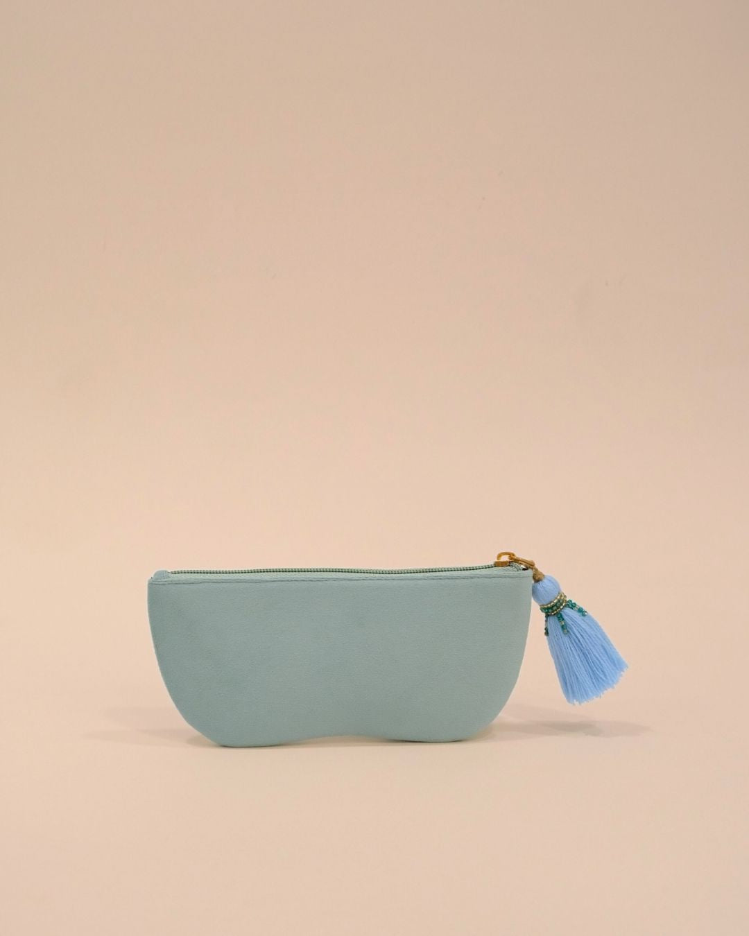 Mint green embroidered sunglass cover with beaded round glasses design and tassel zipper, stylish handmade pouch for sunglasses or makeup.