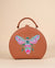 Box sling bag with top handle featuring butterfly embroidery in powder blue and neon pink