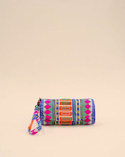 Handmade sunglass cover with vibrant embroidery in neon orange, pink, blue, and green with golden accents, featuring a wrist strap.