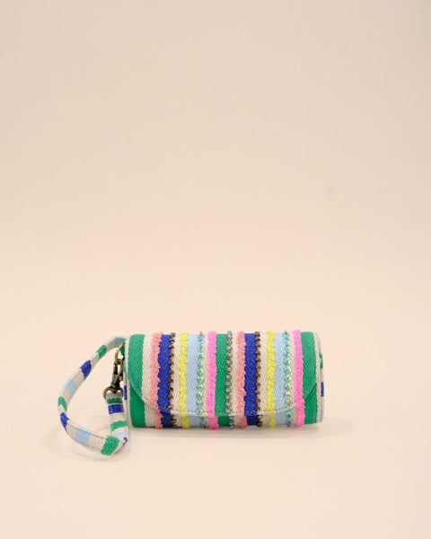 Handmade sunglass cover with embroidered colorful stripes in green, pink, blue, yellow, and white, featuring a wrist strap.