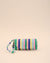 Handmade sunglass cover with embroidered colorful stripes in green, pink, blue, yellow, and white, featuring a wrist strap.