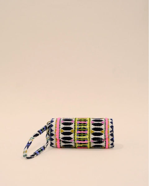 Handmade sunglass cover with black and white tribal embroidery and colorful accents in pink, green, and yellow, featuring a wrist strap.
