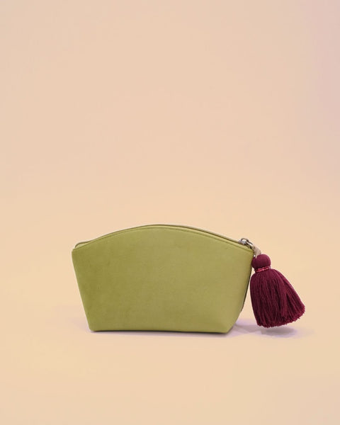 Olive green cosmetic pouch decorated with red and pink pomegranate embroidery and tassel detail, handmade accessory bag.