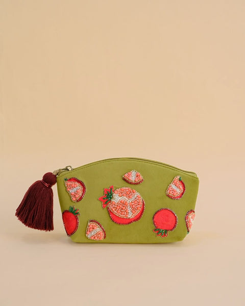 Olive green makeup pouch with embroidered pomegranate designs and maroon tassel zipper, handmade cosmetic bag for daily use.