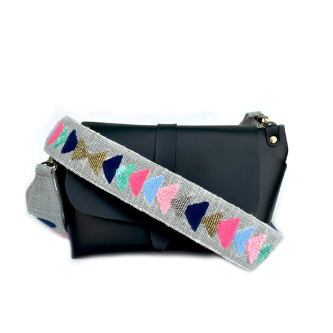 SLING BAG BLACK WITH POP TRIANGLES EMBROIDERED STRAP