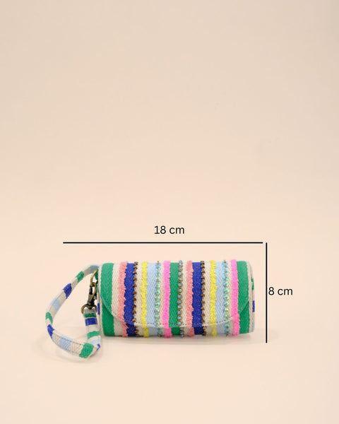 Cylindrical sunglass cover with a wrist strap, decorated in colorful pastel stripes of green, pink, blue, and yellow, with bead and thread detailing for a vibrant look.