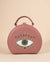 Peach box sling bag featuring evil eye motif with intricate hand embroidery, crystals, and beadwork