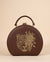 Hand-embroidered sling bag in plum brown with leopard face, zari, and bead detailing