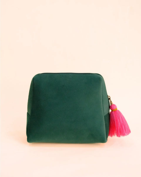 Deep green cosmetic pouch decorated with strawberry embroidery and pink tassel zipper, handmade accessory pouch.