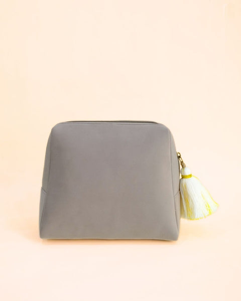 Grey makeup pouch decorated with lemon slices and flowers embroidery, handmade bag with yellow tassel zipper.