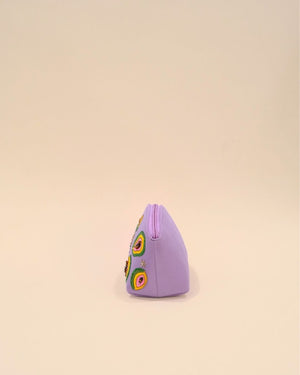 Fun lavender makeup pouch with papaya embroidery and tassel zipper, handmade bag for makeup, toiletries, and small essentials.