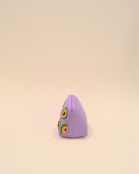 Fun lavender makeup pouch with papaya embroidery and tassel zipper, handmade bag for makeup, toiletries, and small essentials.
