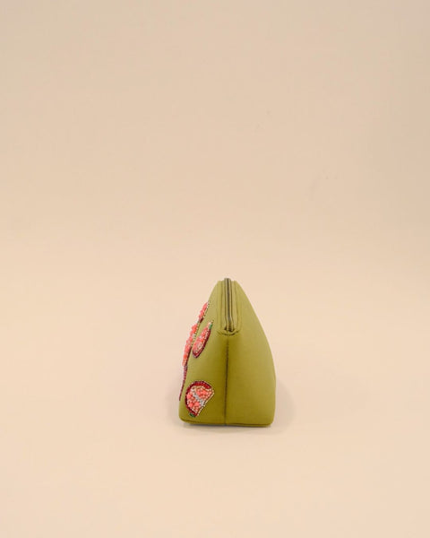 Olive green makeup pouch with beaded pomegranate embroidery and tassel zipper, handmade bag for cosmetics, toiletries, or accessories.
