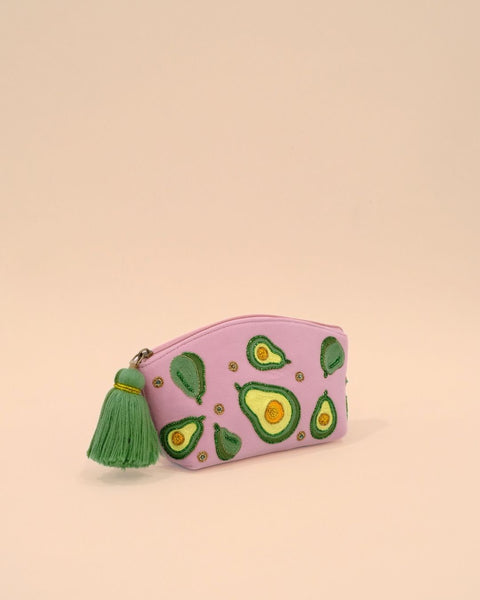 Playful pink makeup pouch with avocado embroidery and tassel zipper, handmade cosmetic and travel pouch.