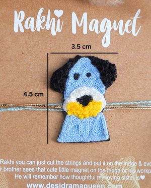 Close-up of Beagle Dog embroidered rakhi magnet on display card, showcasing handcrafted design and reusable keepsake fridge magnet.
