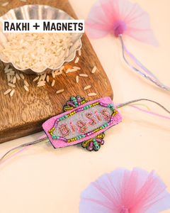 Big Sis embroidered rakhi with glitter lettering placed beside a bowl of rice for a festive Raksha Bandhan celebration.
