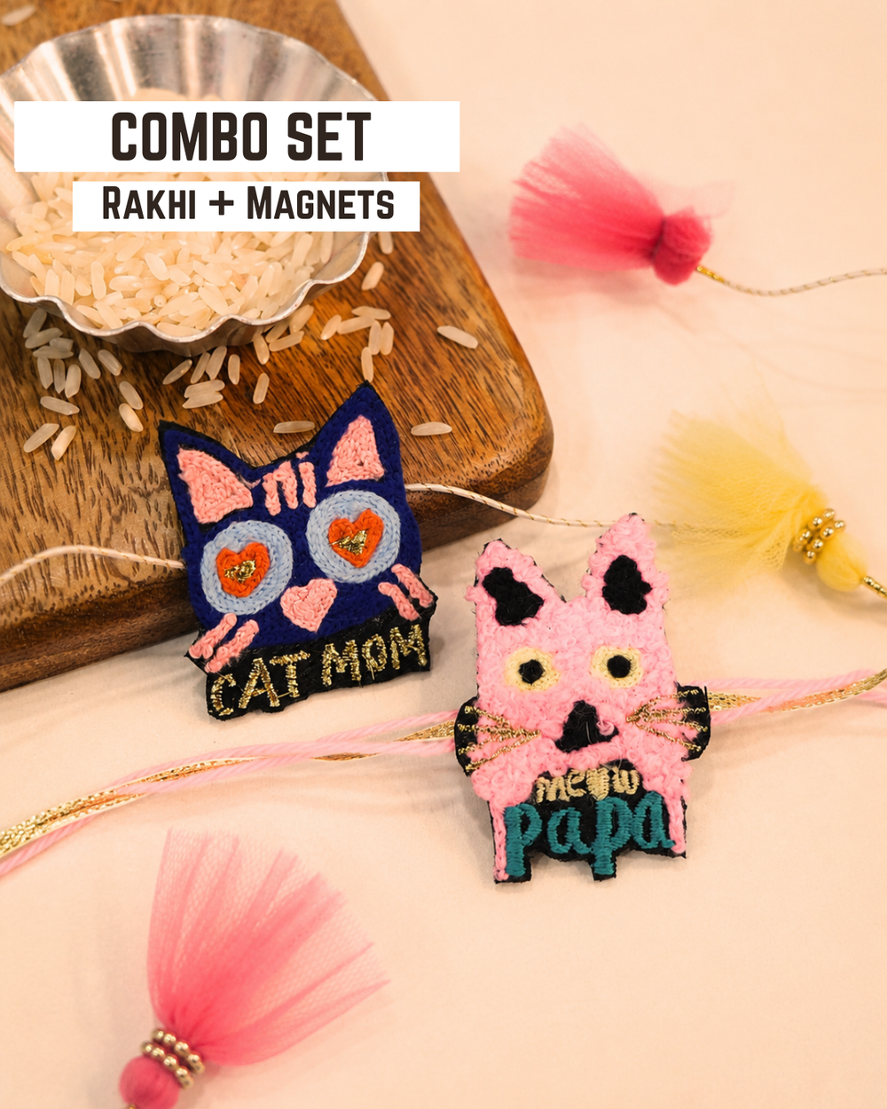 Cat Mom and Meow Papa embroidered combo rakhi magnets placed beside a bowl of rice for Raksha Bandhan celebrations.