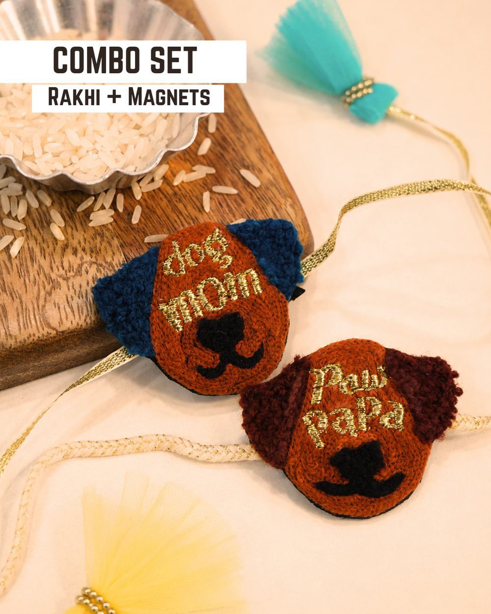 Dog Mom and Paw Papa Rakhi magnet combo displayed with colorful tassels, celebrating pet-loving siblings this Raksha Bandhan.