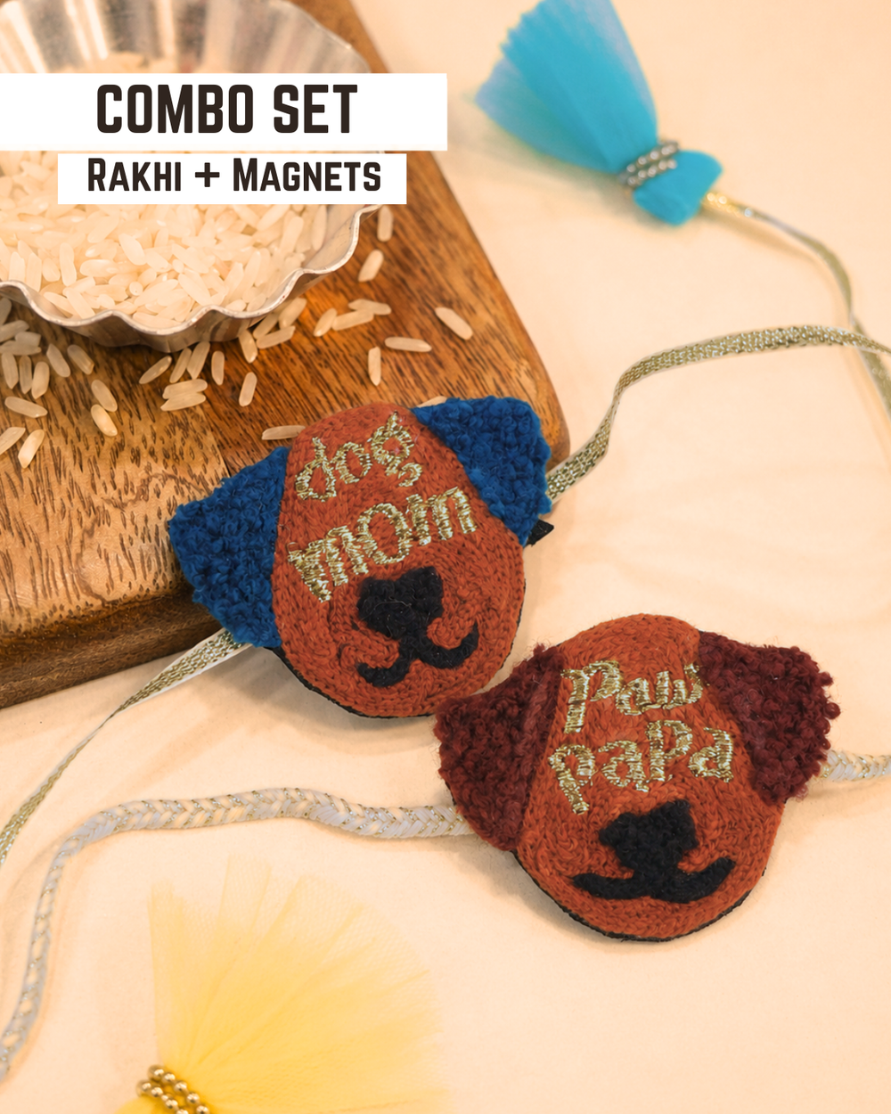 Dog Mom and Paw Papa Rakhi magnet combo displayed with colorful tassels, celebrating pet-loving siblings this Raksha Bandhan.