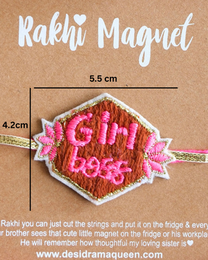 Packaged Girl Boss Rakhi magnet on a wooden backdrop, highlighting a fun and empowering Raksha Bandhan gift for sisters