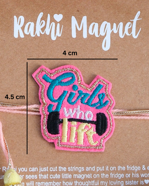 Close-up of Girls Who Lift embroidered rakhi magnet on display card, showcasing handcrafted design and reusable keepsake fridge magnet.