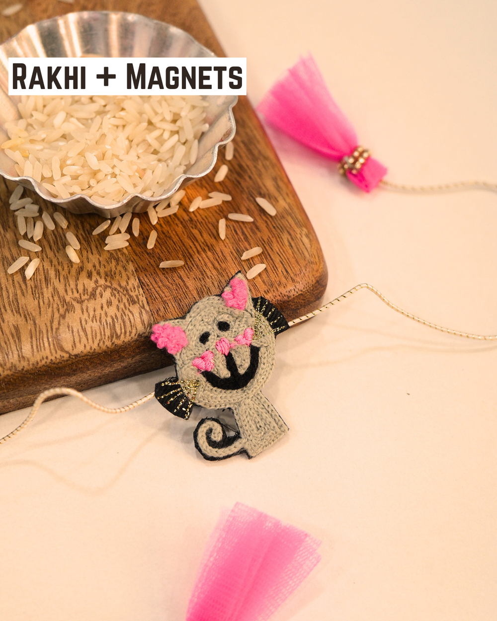 2-in-1 Animated Character Rakhi Magnet with cute hand embroidery and colorful threads, beautifully displayed as a fun Raksha Bandhan keepsake.