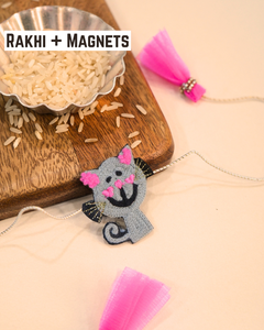 2-in-1 Animated Character Rakhi Magnet with cute hand embroidery and colorful threads, beautifully displayed as a fun Raksha Bandhan keepsake.