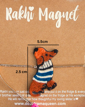 Close-up of Weiner Dog embroidered rakhi magnet on display card, showcasing handcrafted design and reusable keepsake fridge magnet.