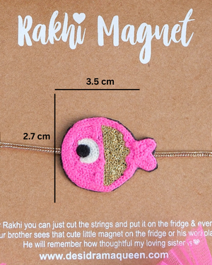 Packaged Rakhi Magnet Fish on a wooden backdrop, highlighting a fun handcrafted Raksha Bandhan gift for kids and siblings.