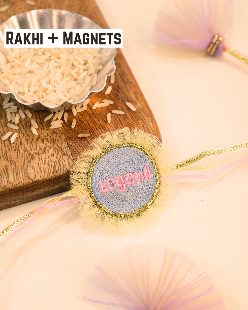 Legend Rakhi Magnet with soft embroidered design and colorful Rakhi thread, beautifully displayed as a meaningful Raksha Bandhan keepsake.
