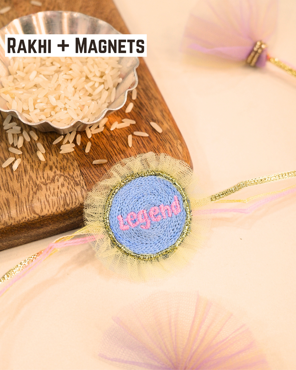 Legend Rakhi Magnet with soft embroidered design and colorful Rakhi thread, beautifully displayed as a meaningful Raksha Bandhan keepsake.