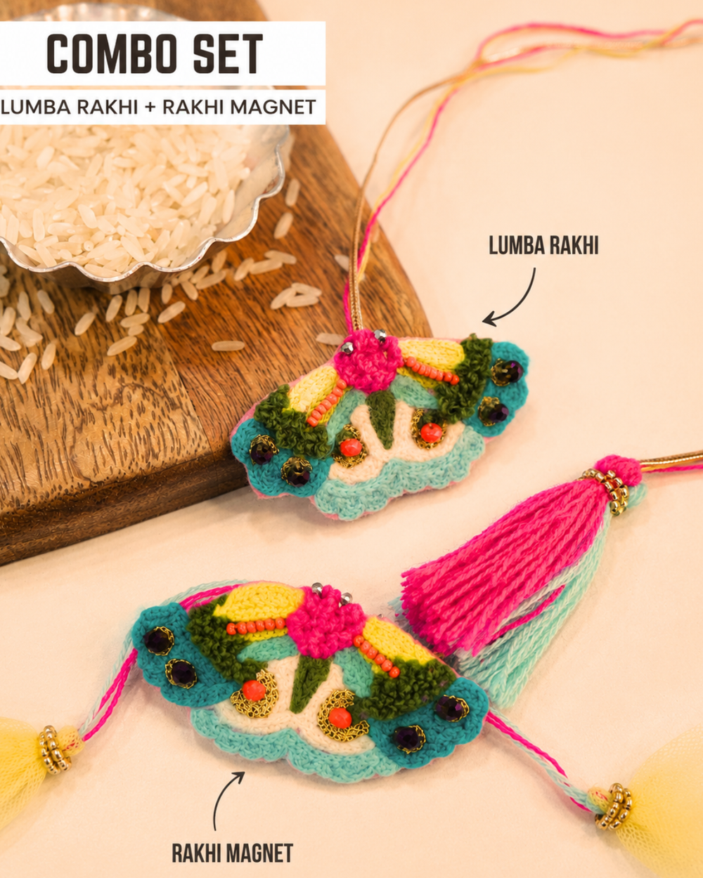 Butterfly embroidered rakhi magnet and matching lumba combo displayed together for a festive Raksha Bandhan celebration.