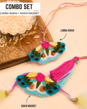 Butterfly embroidered rakhi magnet and matching lumba combo displayed together for a festive Raksha Bandhan celebration.