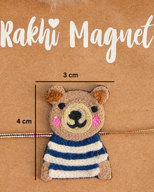 Close-up of Panda embroidered rakhi magnet on display card, showcasing handcrafted design and reusable keepsake fridge magnet.