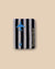 Black and white striped passport cover with embroidered blue airplane design.