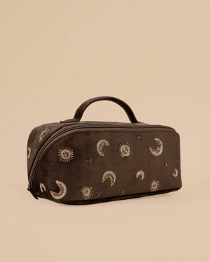 Brown vanity pouch with celestial embroidery, durable and trendy organizer for makeup and essentials.