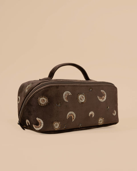 Brown vanity pouch with celestial embroidery, durable and trendy organizer for makeup and essentials.