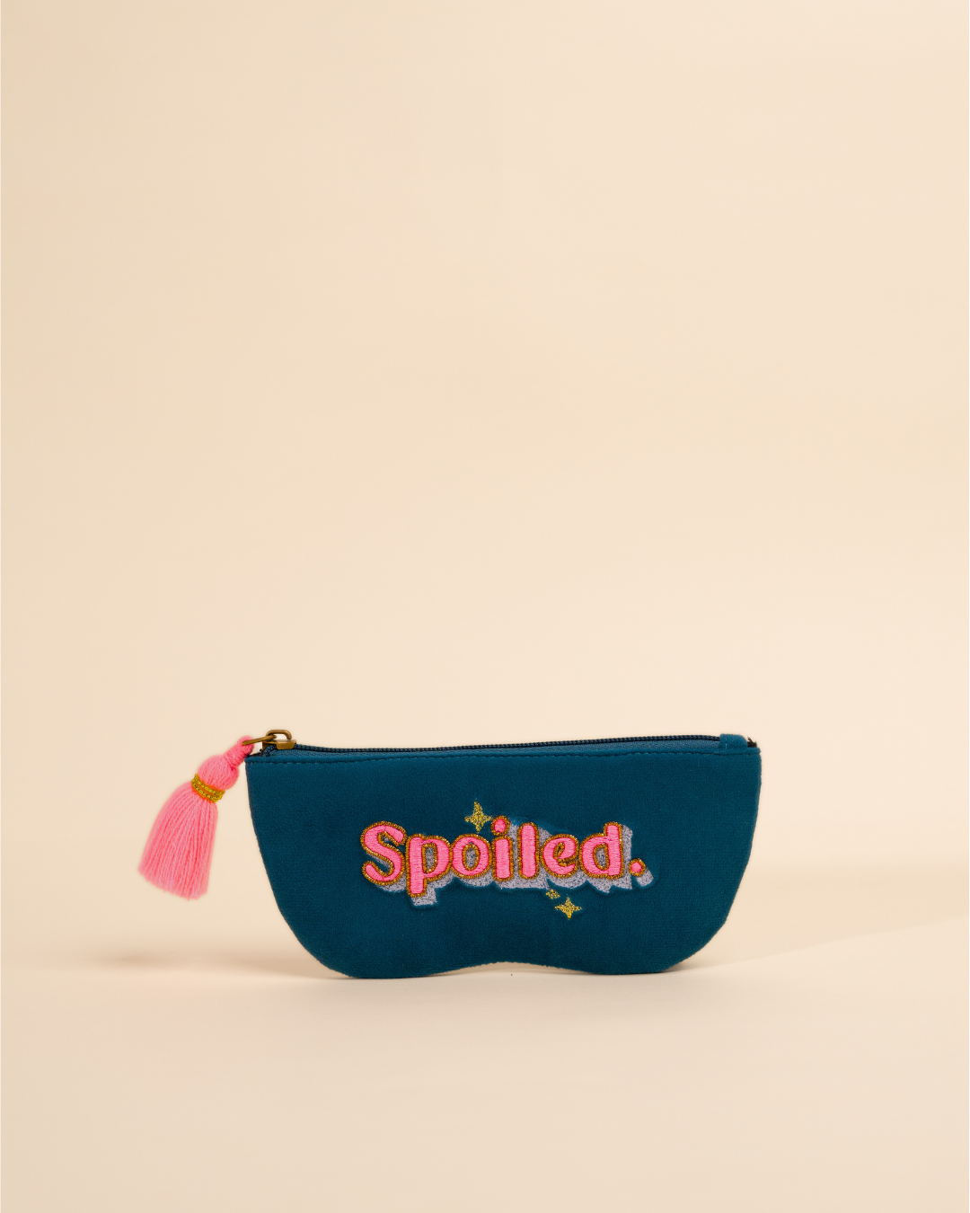  Spoiled embroidered sunglass pouch in teal and neon with hand embroidery and tassel